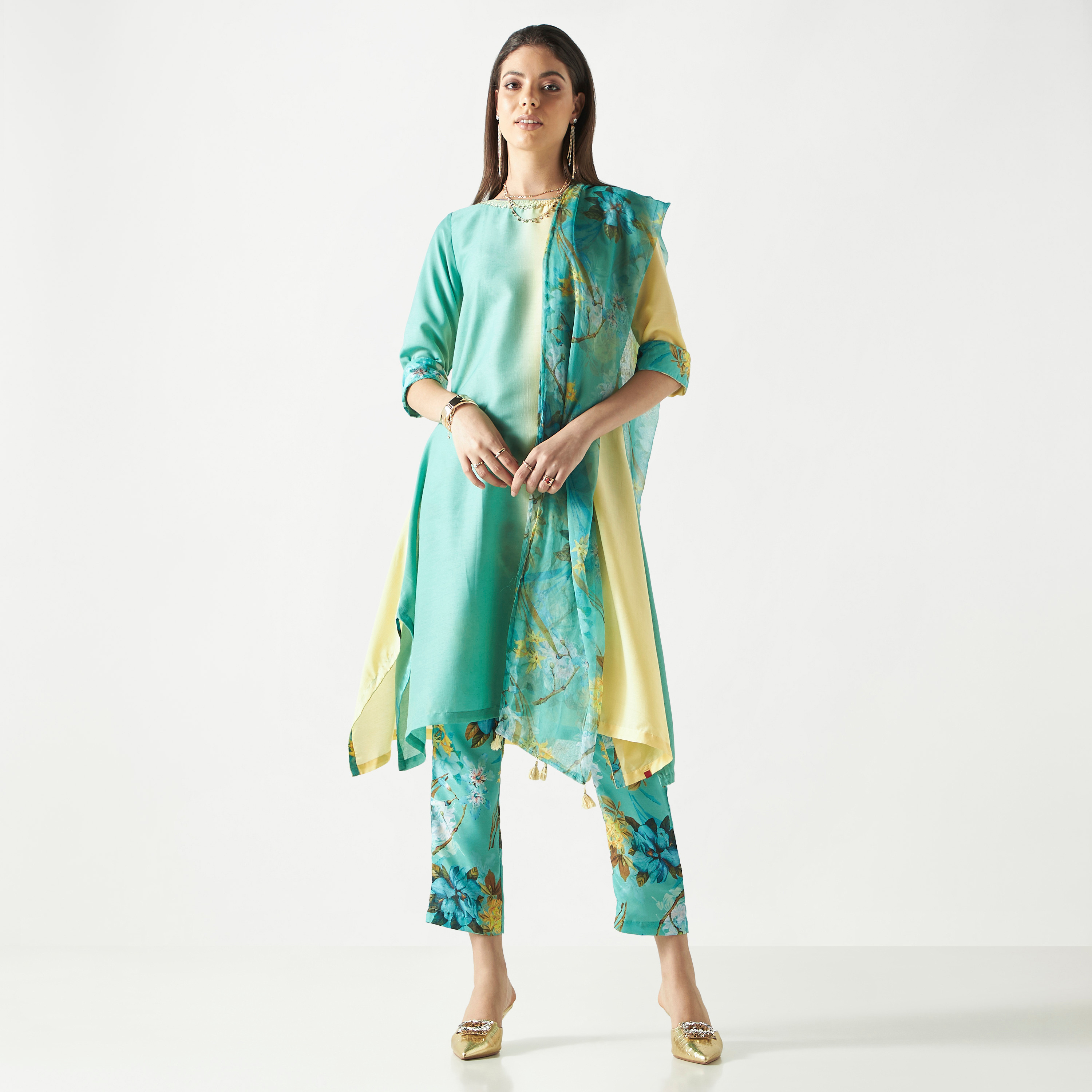 Buy Ivory Cotton Silk Salwar Kurta Salwar Suit Set (Kurta, Salwar, Dupatta)  for N/A0.0 | Biba India